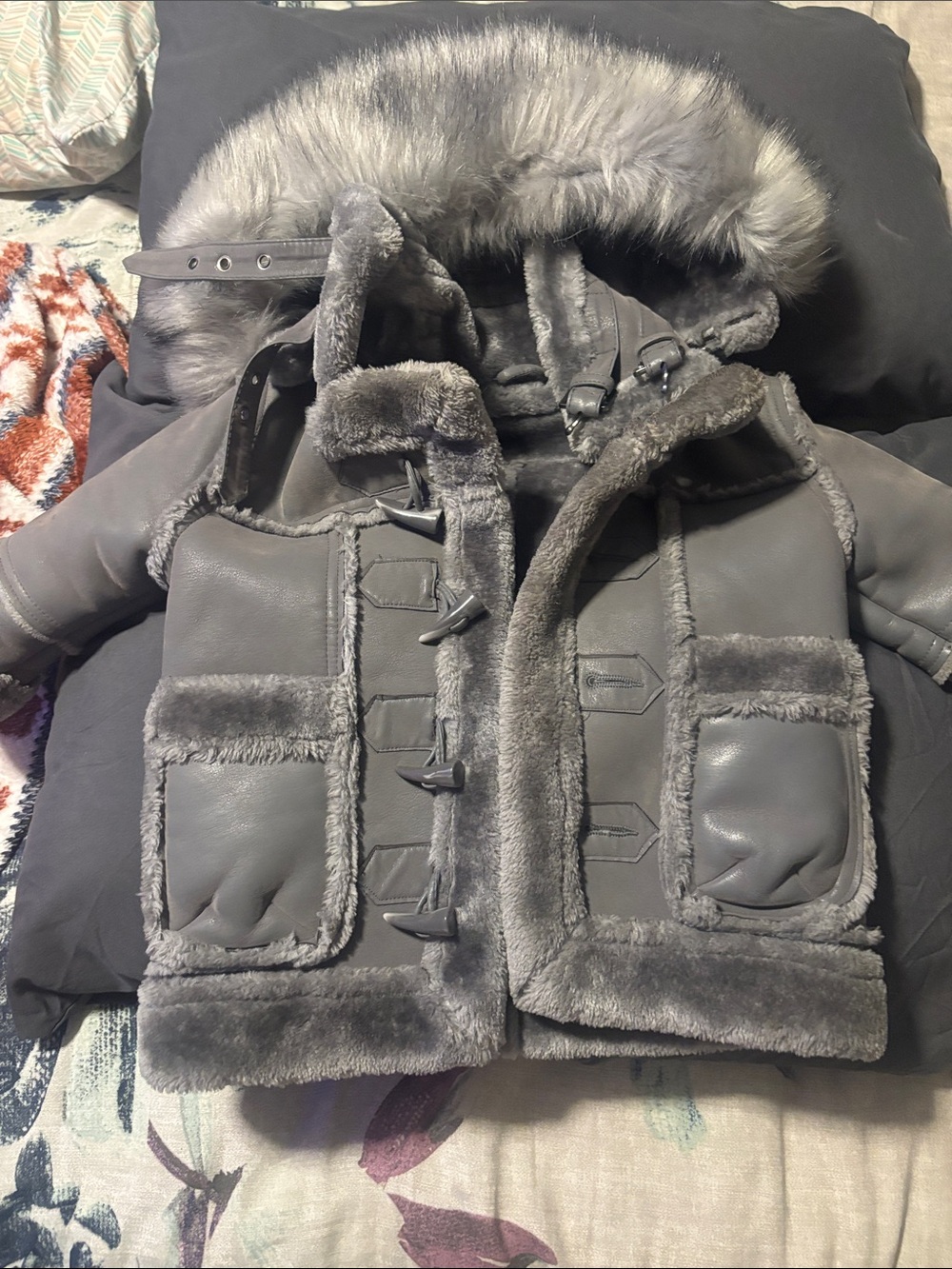 Kids Faux Shearling Hooded Jacket - Gray